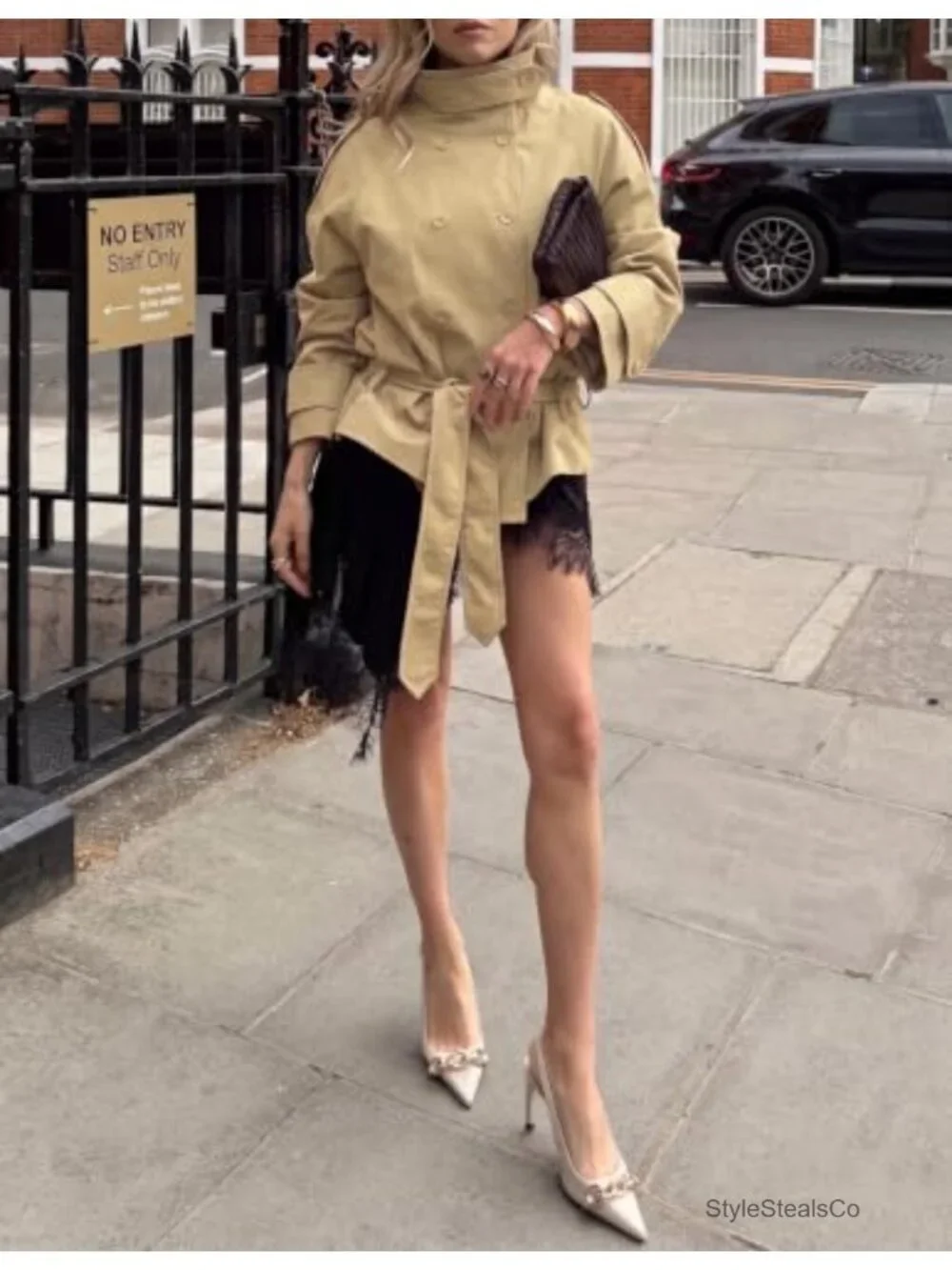Women's Cropped Trench Coat Double Breasted Raglan Sleeve Belted Jacket